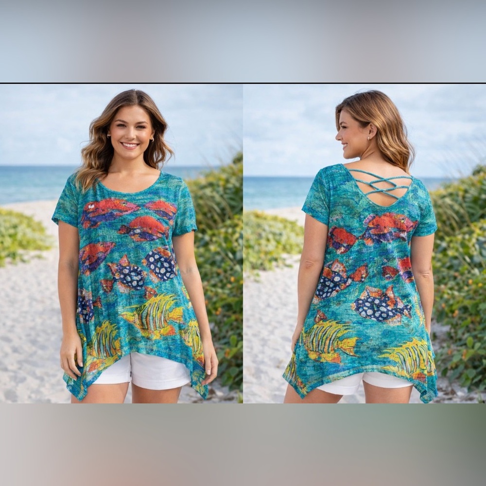 Leoma Lovegrove XXL Sheer Tropical Fish Tunic Top Beach Cover Up Colorful